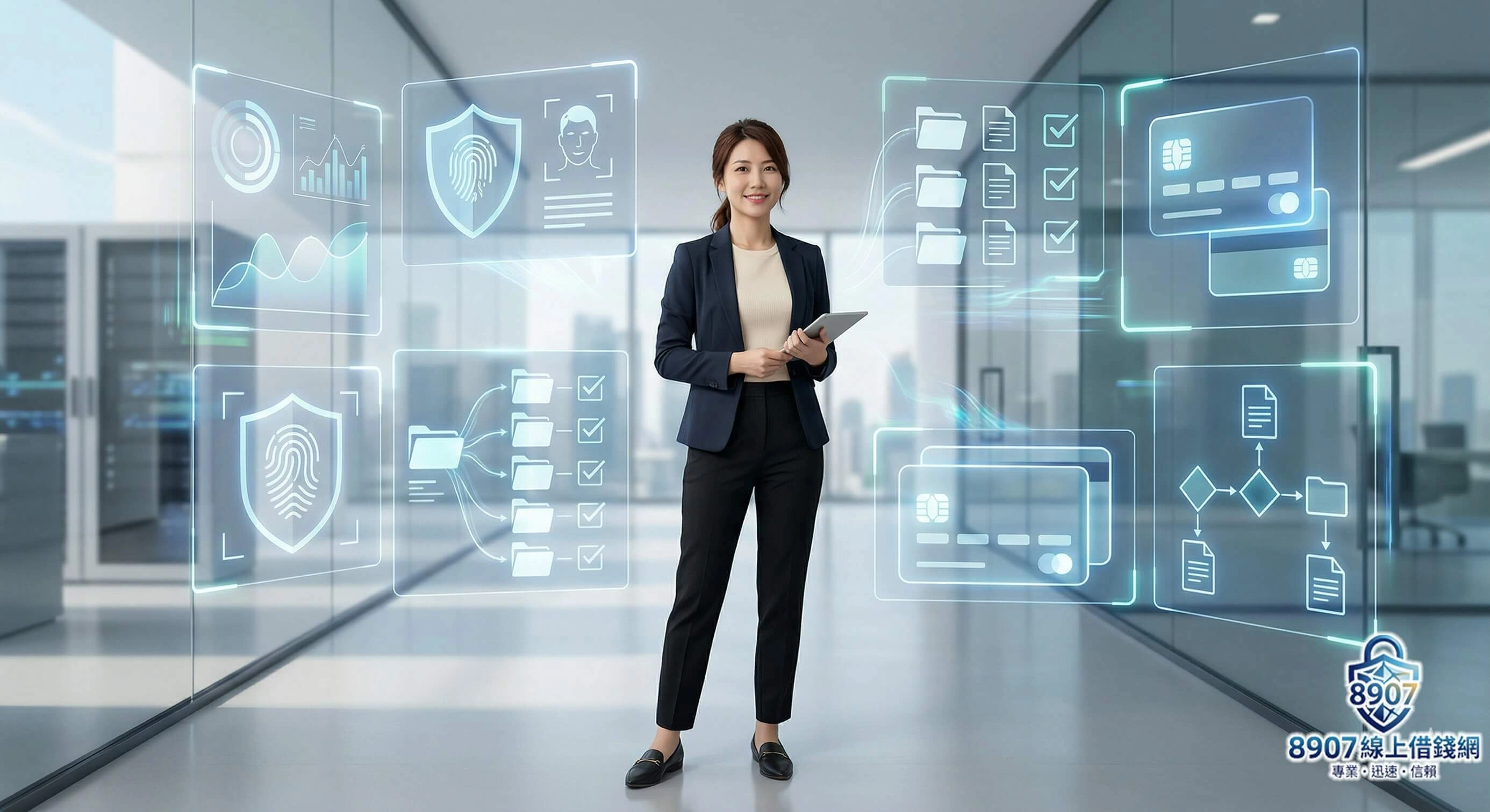 如何提升信用評分-真人站立於數位金融空間中
