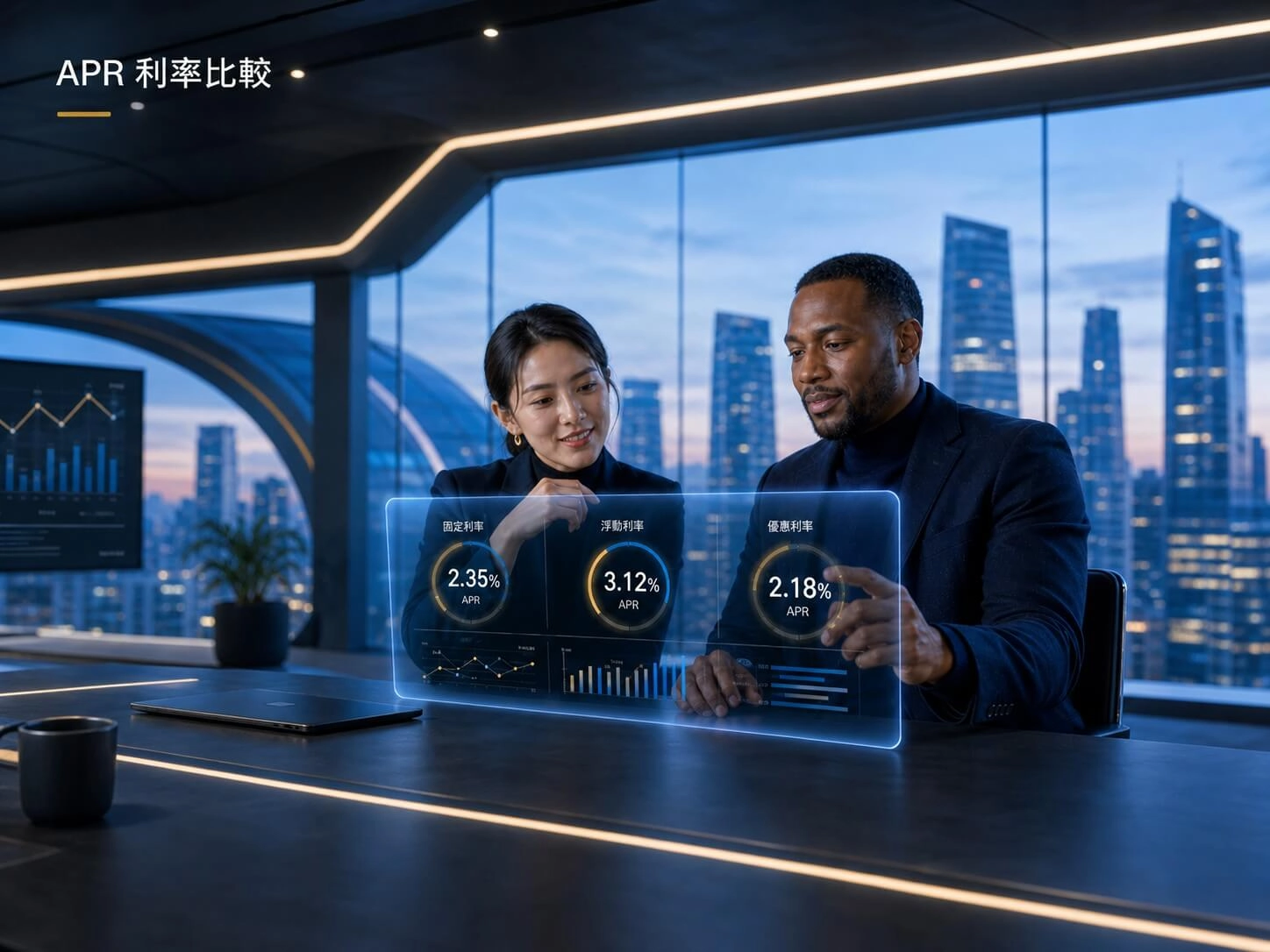 APR 利率比較示意圖，兩位專業人士透過金融科技介面比較固定利率、浮動利率與優惠利率