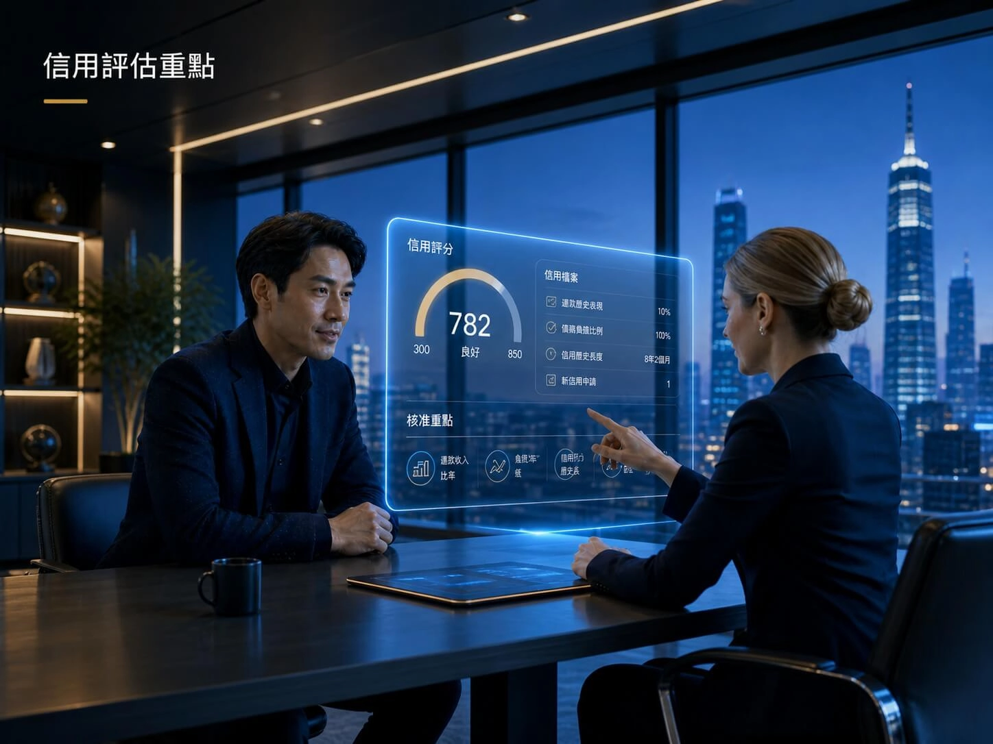 線上借款試算指南-信用評估重點示意圖，顯示信用分數、還款紀錄、負債比與收入條件會影響借款利率