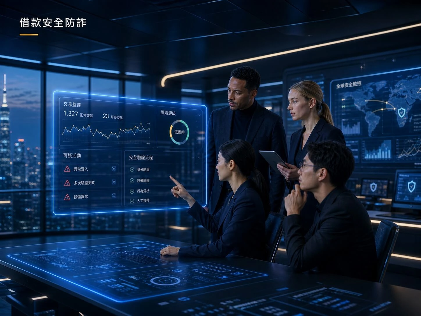 線上借款試算指南-借款安全防詐示意圖，金融科技團隊透過風險監控系統辨識可疑借款活動與詐騙風險