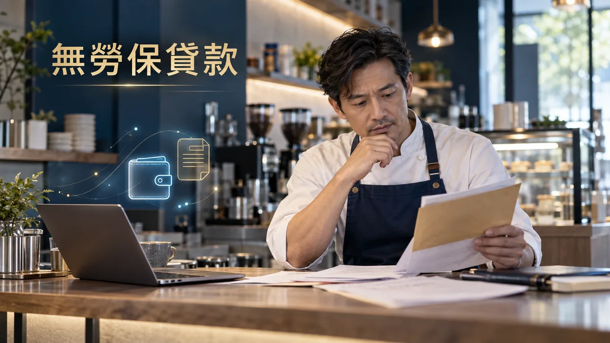 台灣廚師在餐飲工作空間檢視收入文件與筆電，圖中文字為無勞保貸款