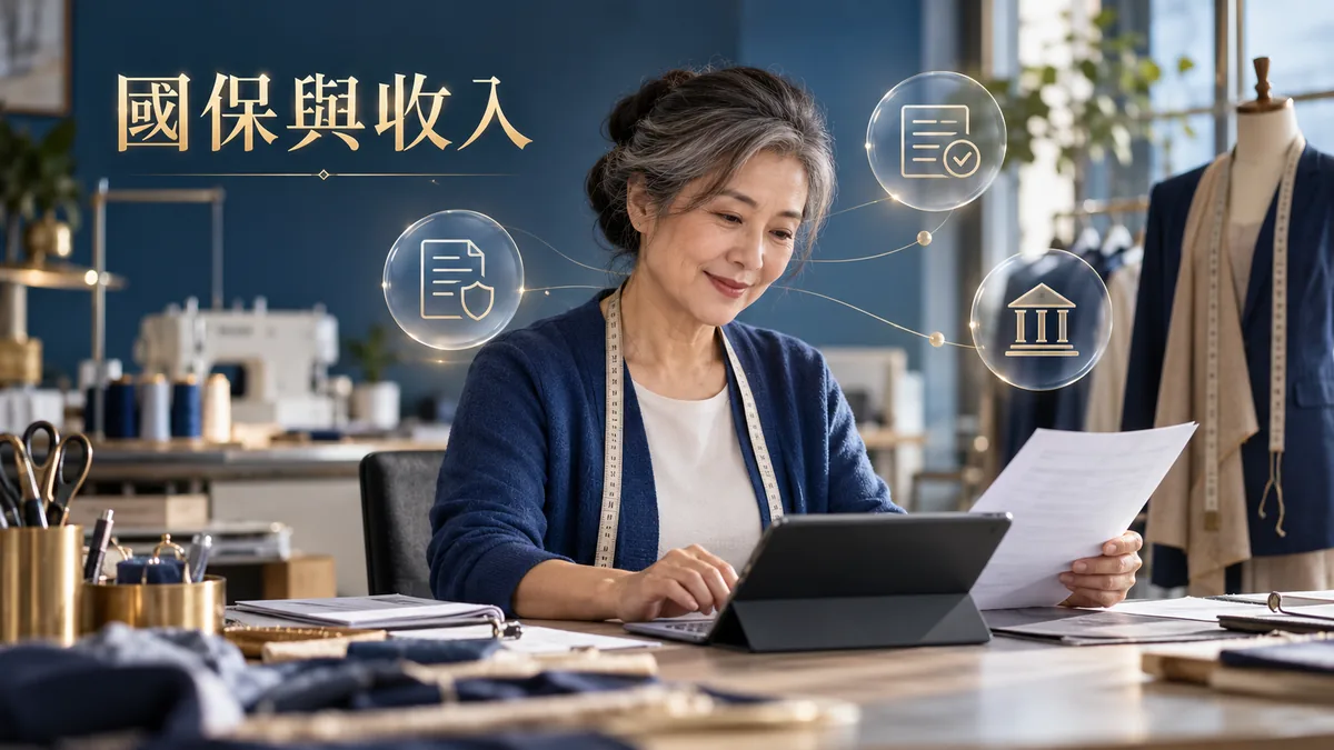 台灣裁縫師在工作室查看文件與平板，圖中文字為國保與收入
