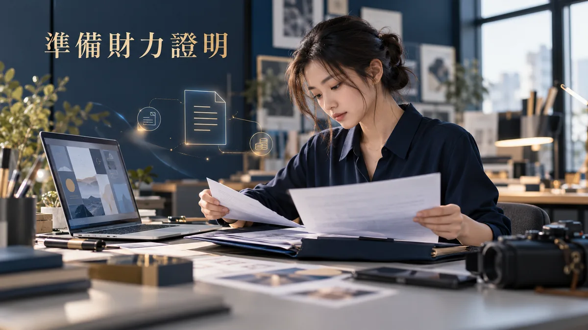 台灣接案設計師在工作桌前整理文件與筆電資料，圖中文字為準備財力證明