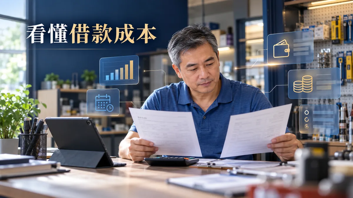台灣店主使用平板與計算機比較借款資料，圖中文字為看懂借款成本