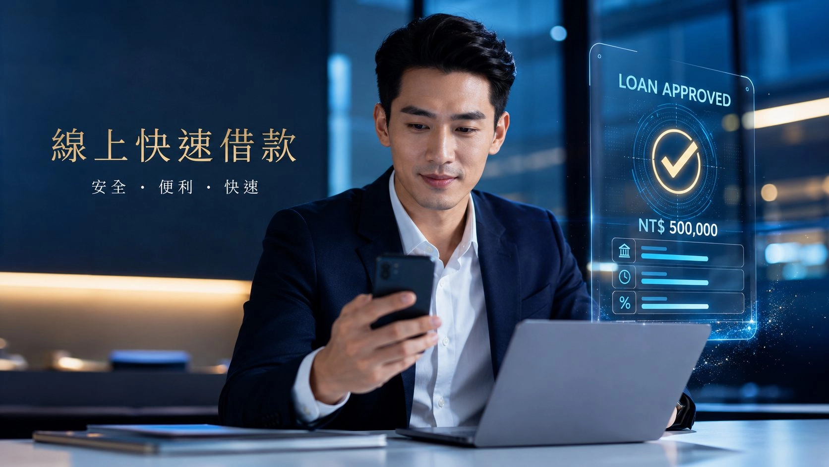 線上快速借款申請示意圖,商務人士使用手機與筆電查看借款審核資訊