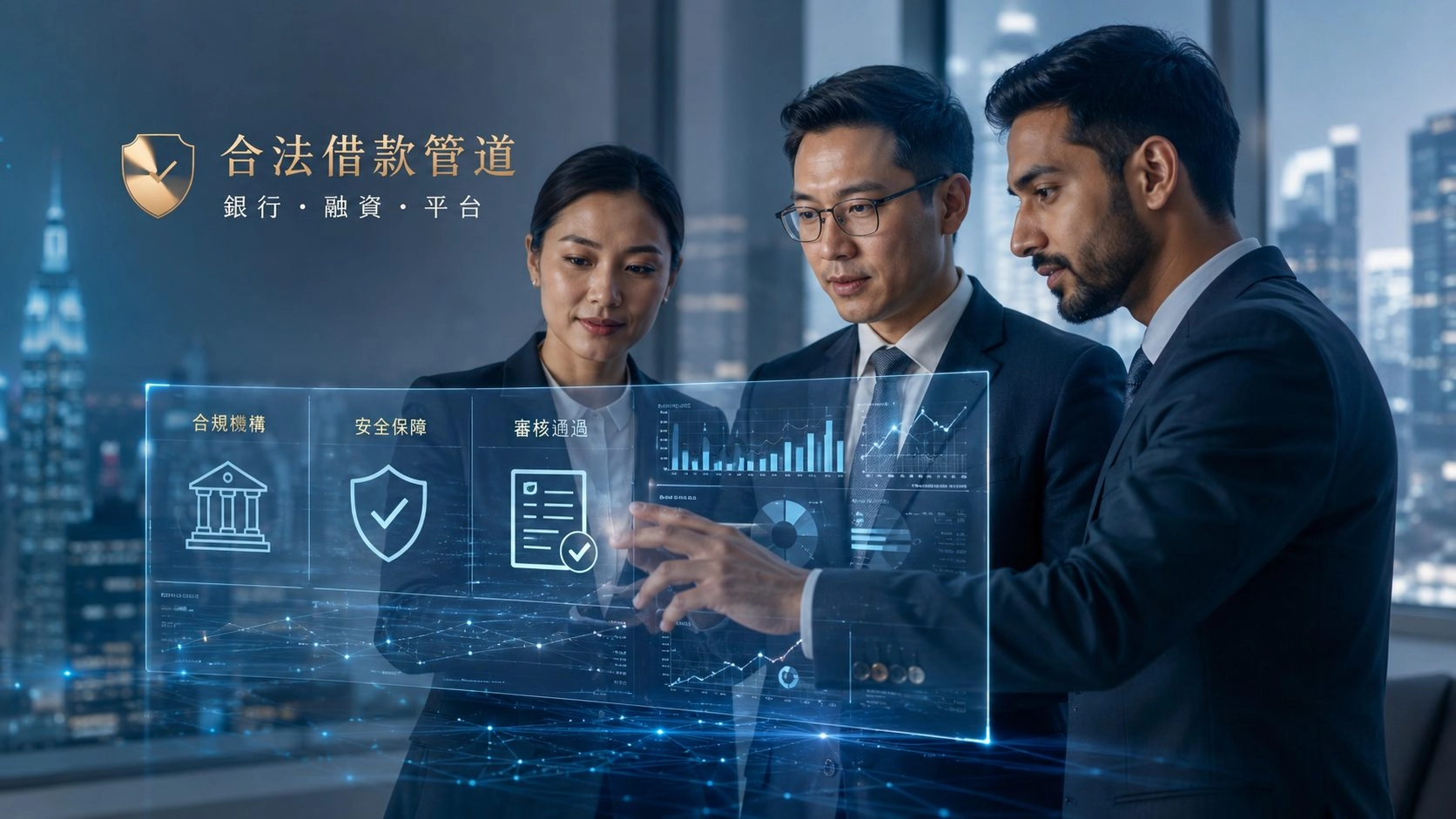 合法借款管道示意圖,商務團隊查看銀行融資平台與審核資訊