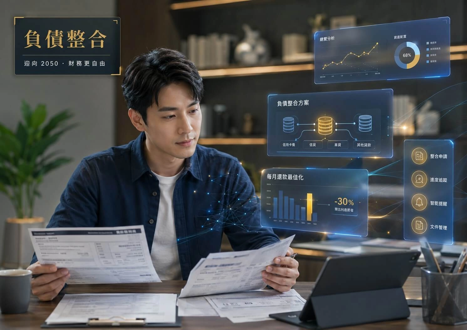 負債整合示意圖，多筆信用卡與貸款債務整併成單一月付金