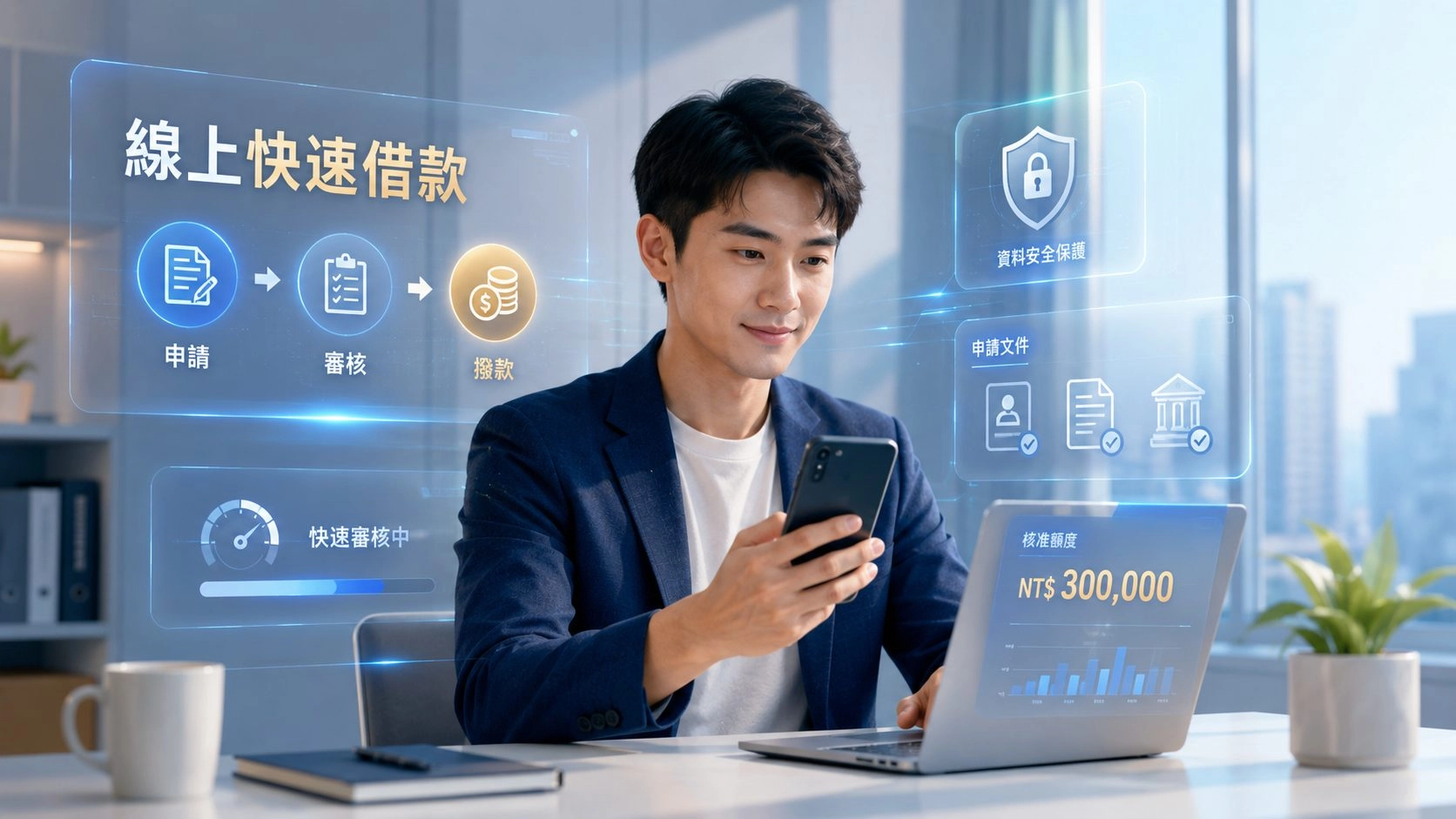 台灣上班族透過平板準備身分證明與收入資料，旁邊顯示合法金融機構查證介面
