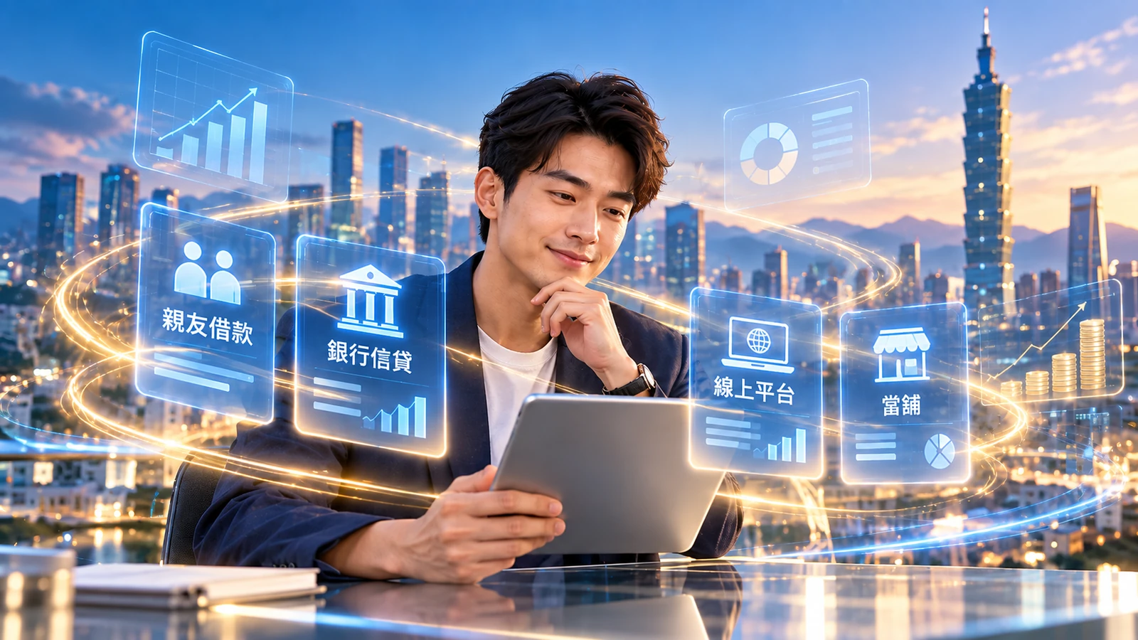 台灣男性使用平板比較親友借款、銀行信貸、線上平台及當舖等借款管道。