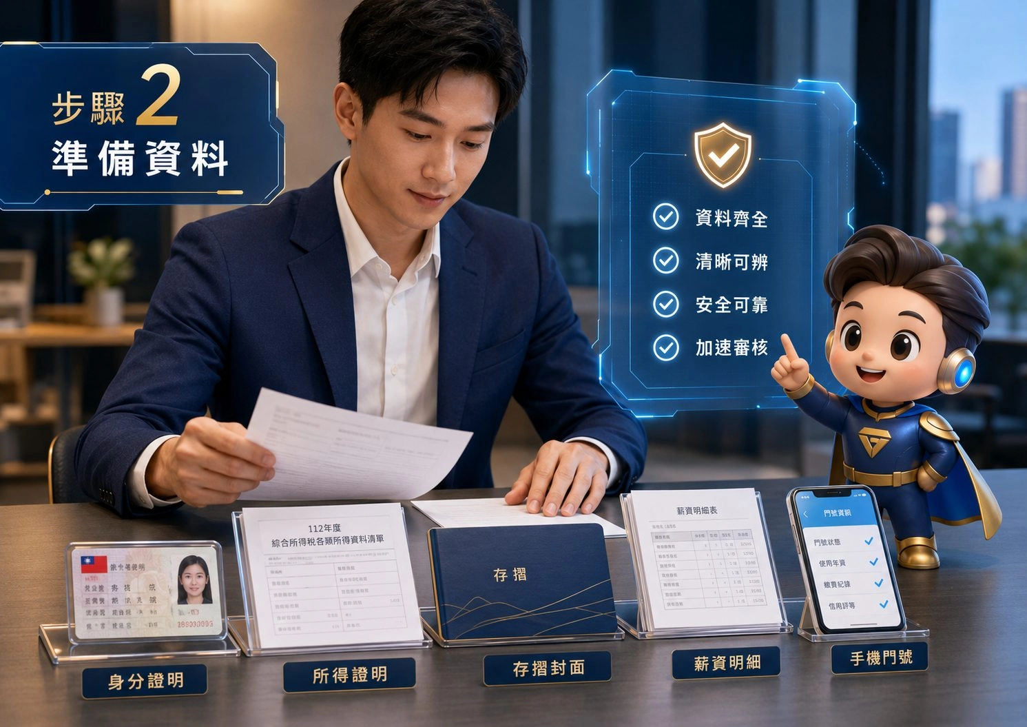 線上借錢申請資料準備示意圖，身分證明、收入證明與存摺封面整齊排列