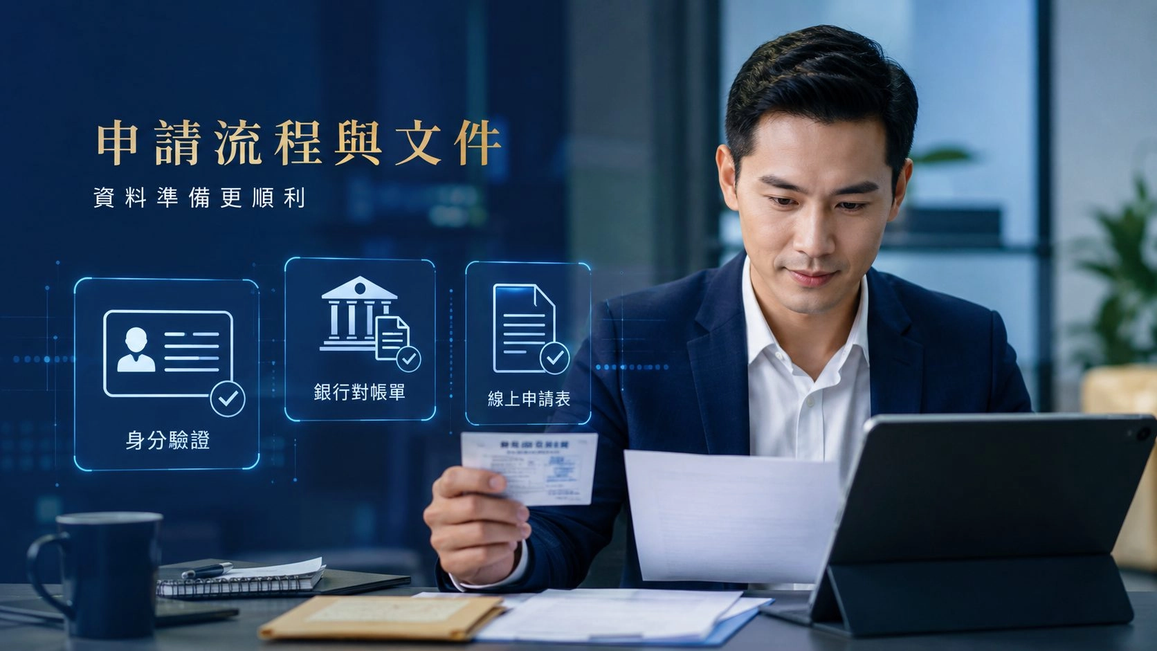 線上快速借款申請示意圖,商務人士使用手機與筆電查看借款審核資訊