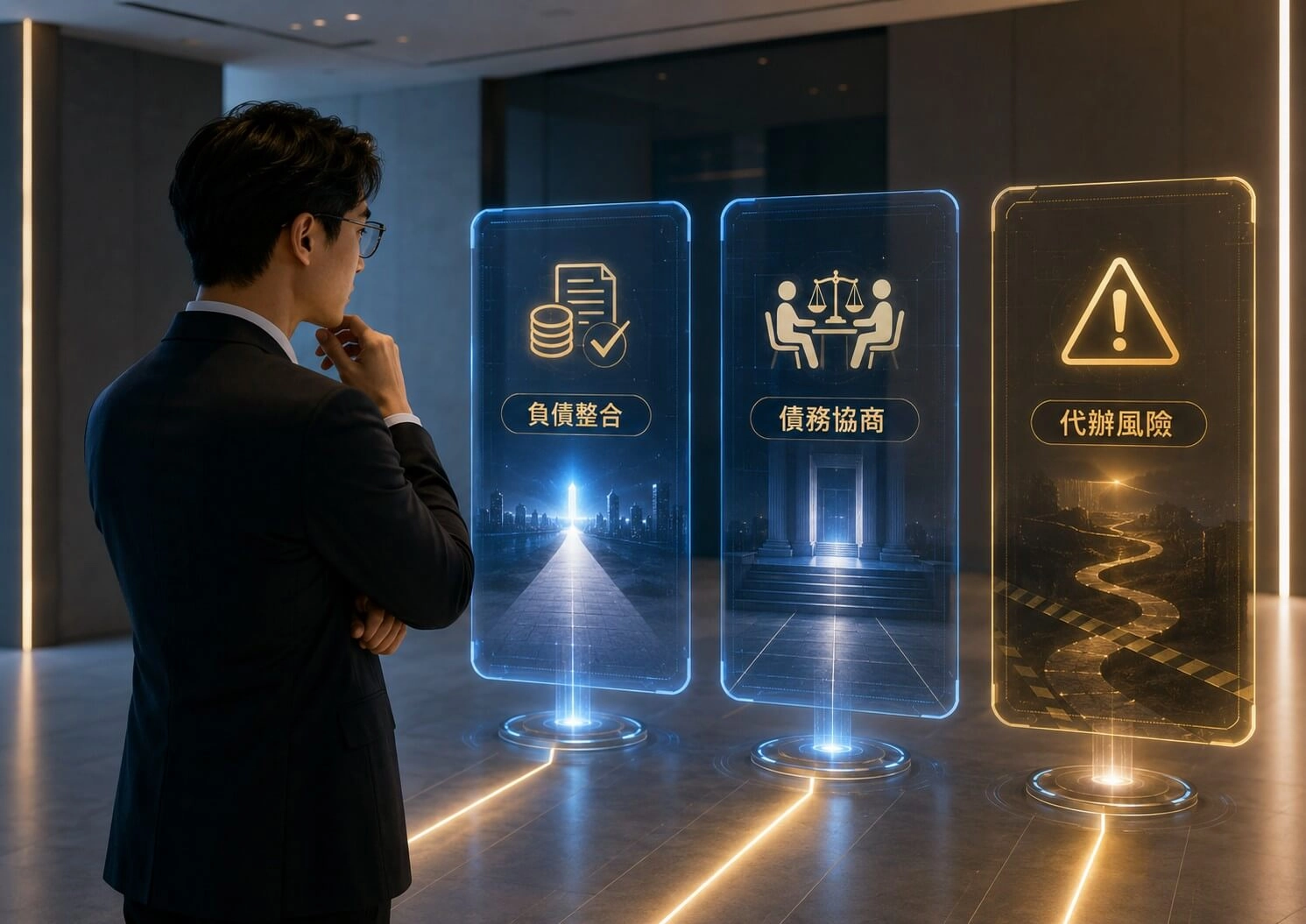 負債整合申請條件示意圖，金融科技介面顯示收入信用紀錄與負債比評估