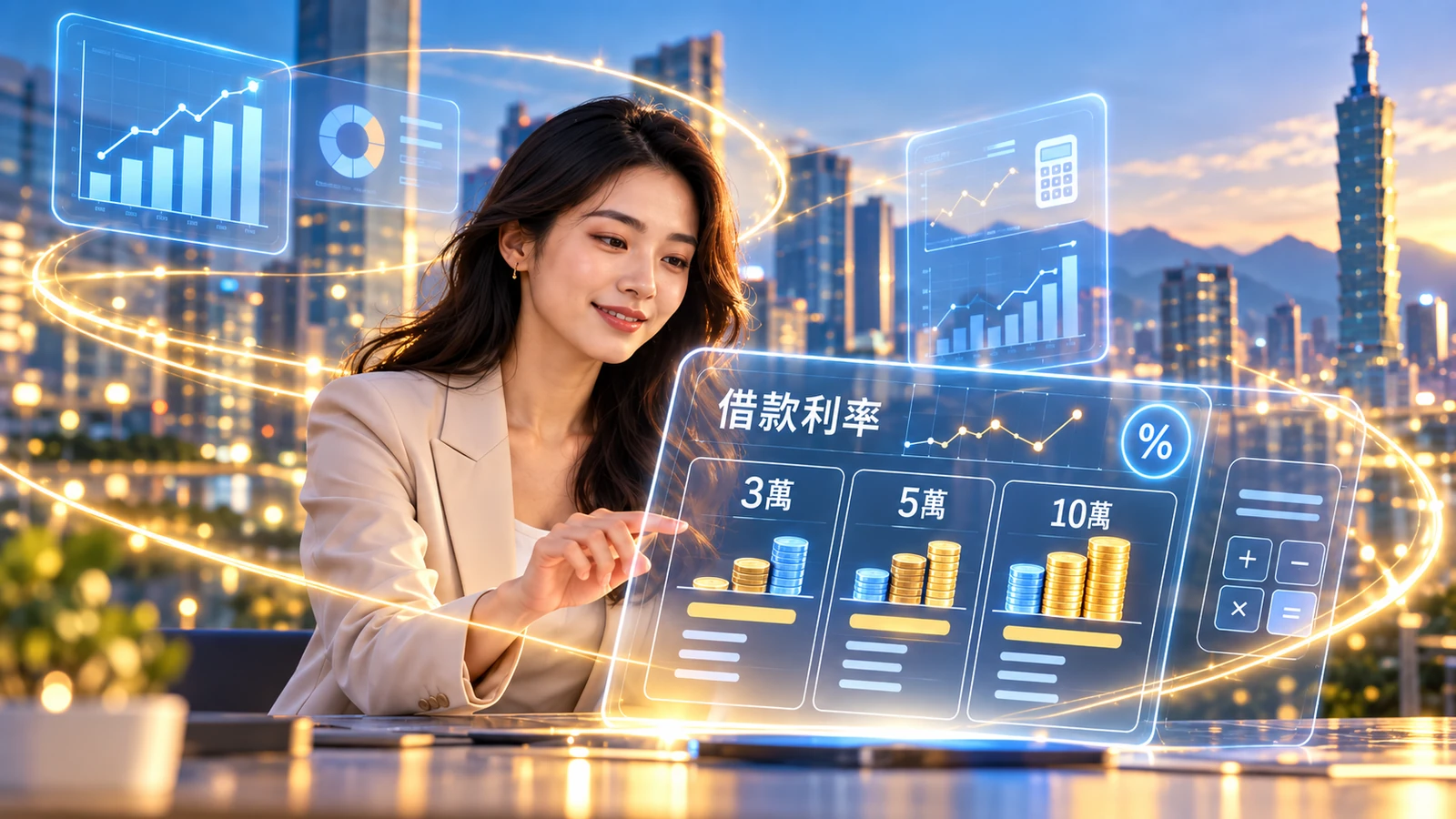 台灣女性查看3萬元、5萬元及10萬元借款利率試算的金融科技介面。