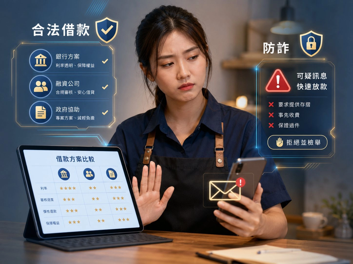 3台灣女性比較合法借款方案並拒絕可疑快速放款訊息