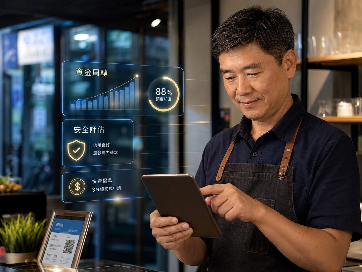 台灣店家老闆使用平板查看資金周轉與貸款安全評估