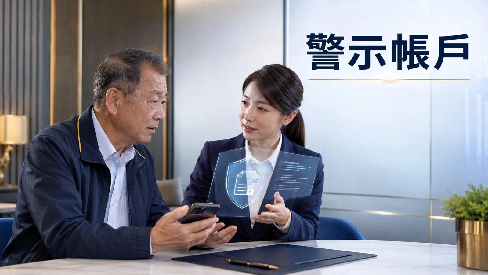 台灣長者向銀行人員諮詢警示帳戶解除方式