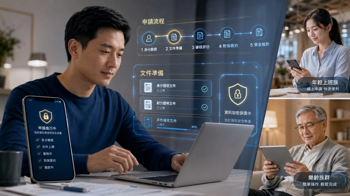 線上借款申請流程示意,包含身分驗證、文件準備、審核評估與資金撥款