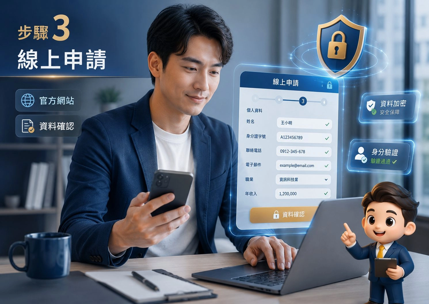 線上借錢申請表填寫示意圖，使用者透過手機與筆電完成線上審核資料