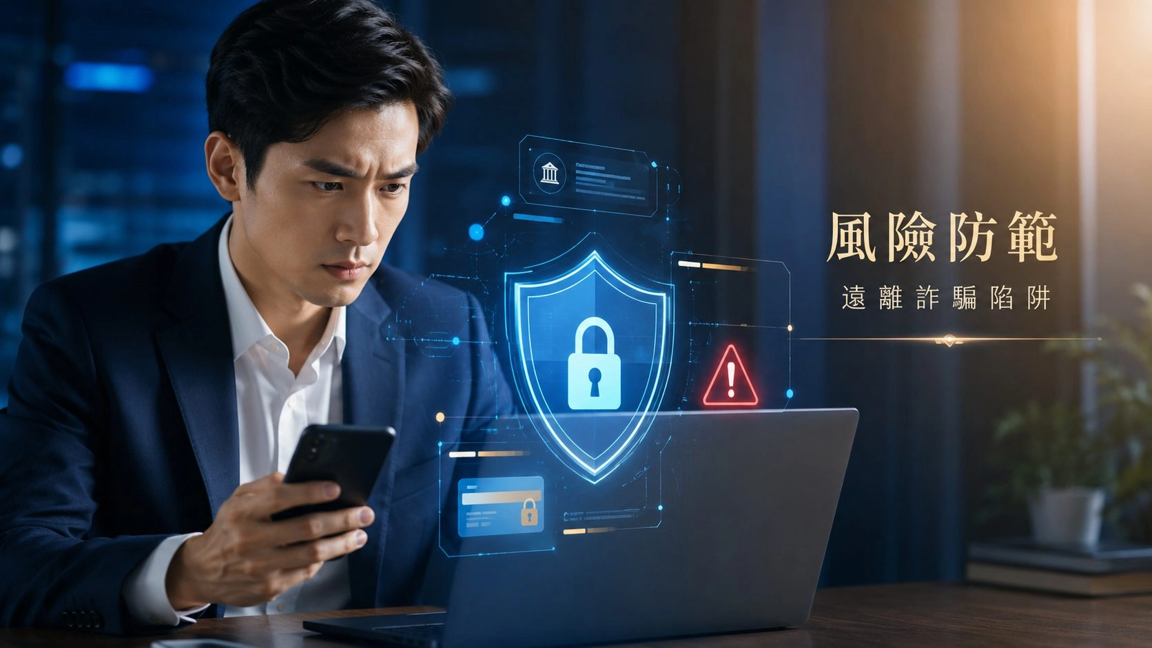 線上借款風險防範示意圖,商務人士查看手機與筆電上的詐騙警示資訊
