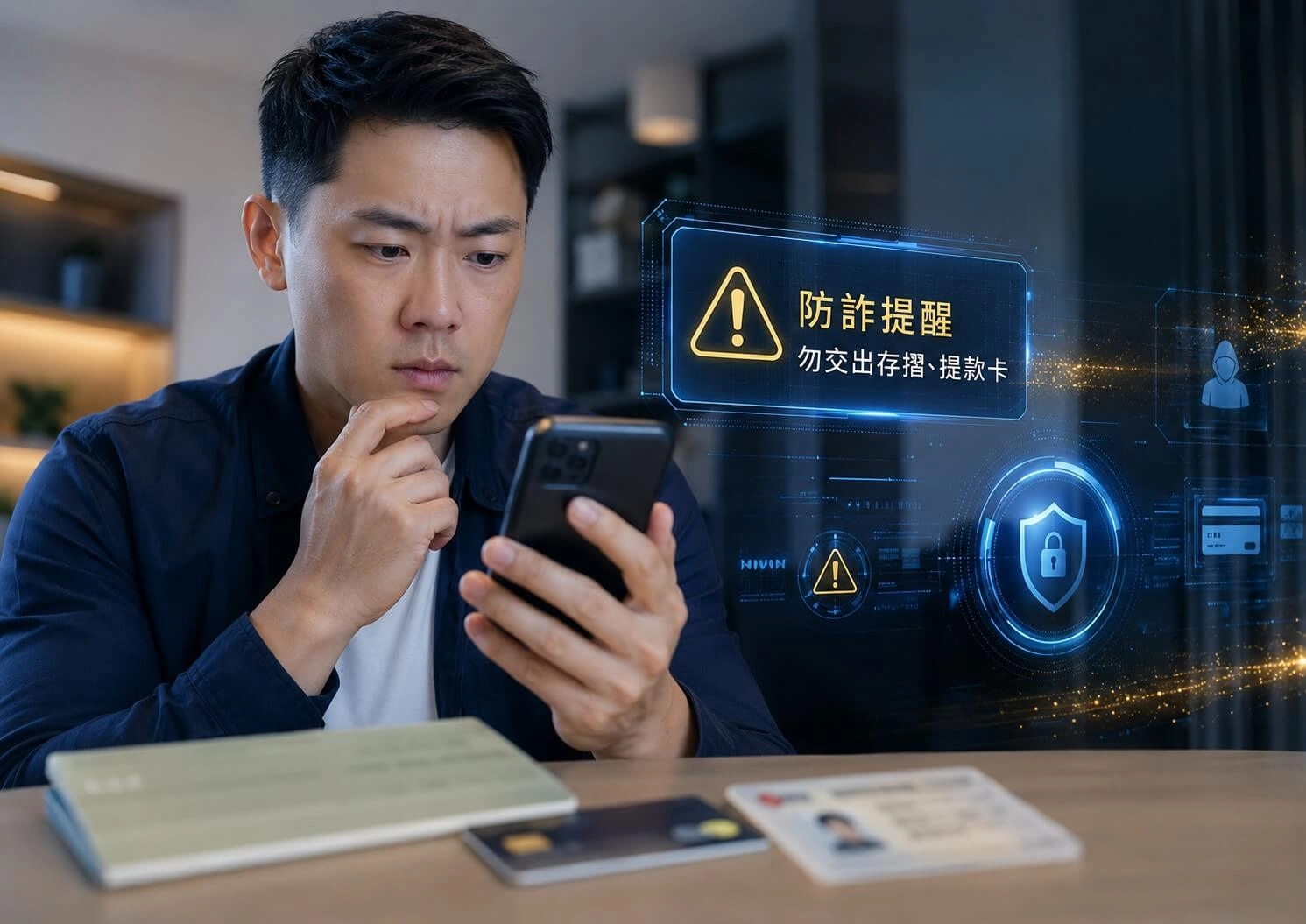 負債整合代辦詐騙風險示意圖，手機出現可疑貸款訊息與金融安全警示