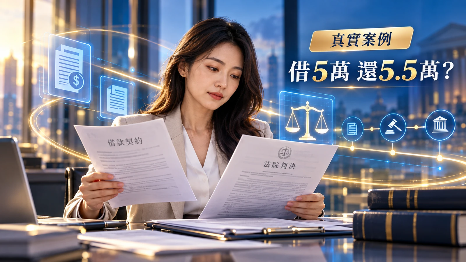 台灣女性閱讀借款契約與法院文件，示意私人借款5萬元約定還5.5萬元的法律爭議。