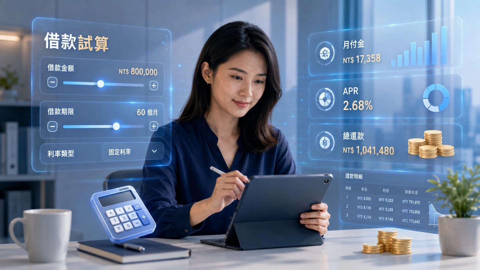 商務人士查看信用評分與核貸機率，金融科技儀表板顯示信用管理資訊