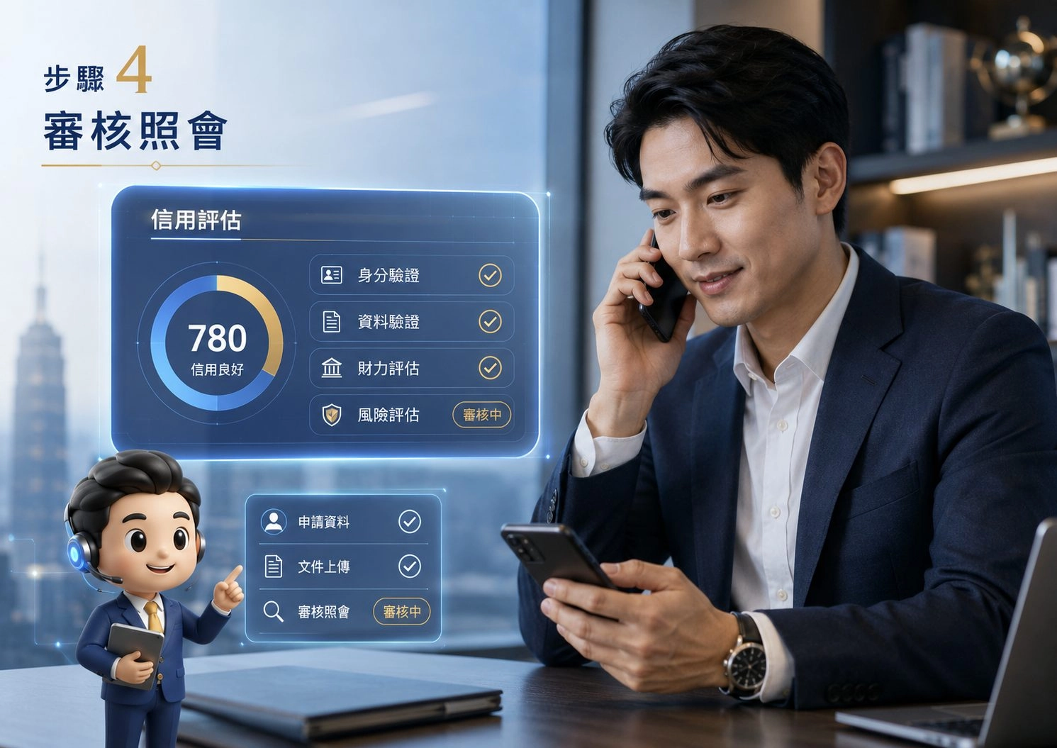線上借錢審核照會示意圖，金融科技介面顯示信用評估與資料驗證流程