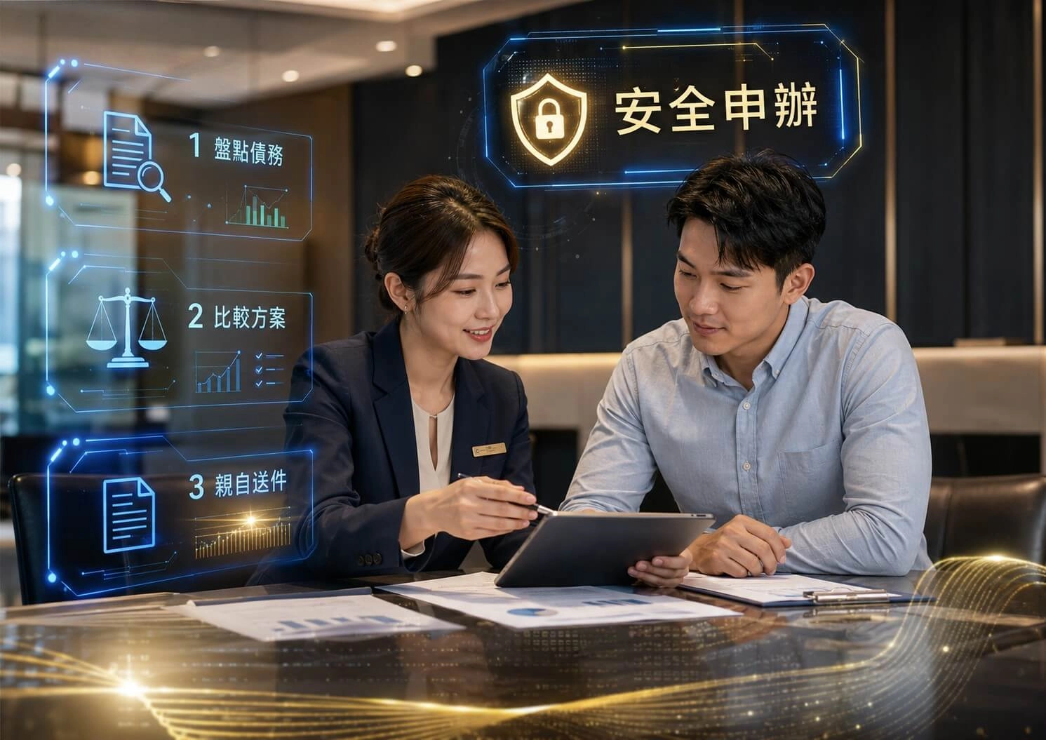 安全申辦負債整合流程示意圖,台灣上班族整理債務資料並比較銀行方案