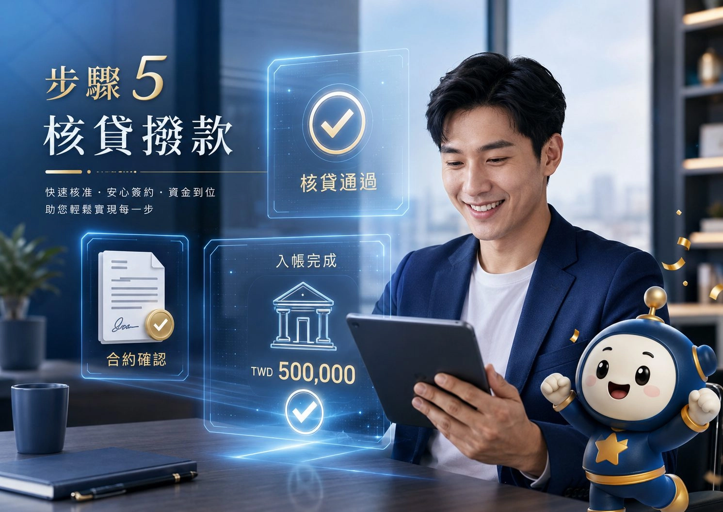 5線上借錢核貸撥款示意圖，合約確認後資金成功入帳