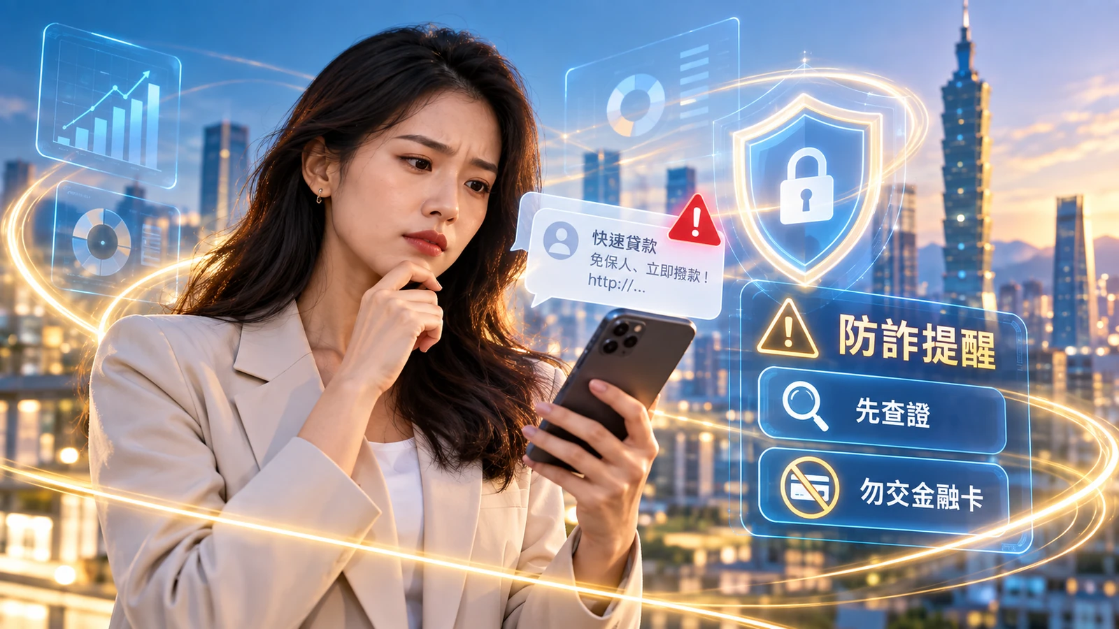 台灣女性查看可疑快速貸款訊息，介面提醒先查證且勿交金融卡。