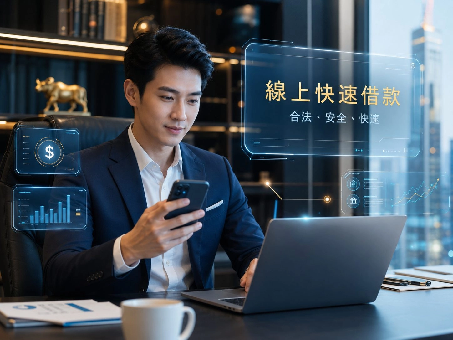 台灣上班族使用手機申請線上快速借款，搭配金融科技介面示意