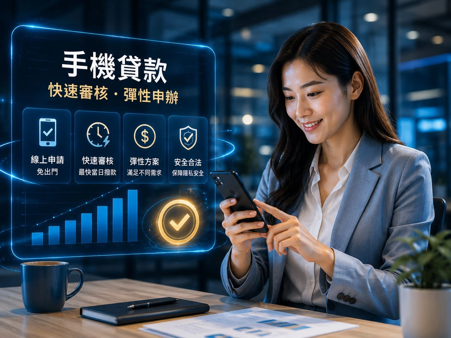 台灣上班族透過手機進行線上貸款審核與 AI 金融分析