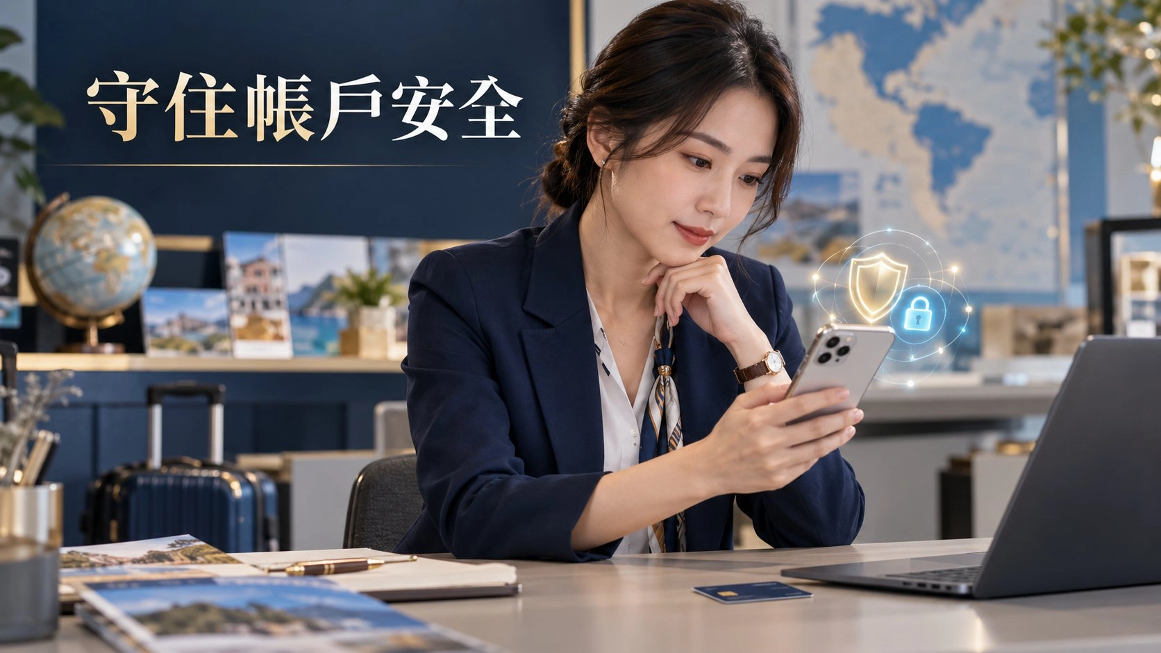 台灣旅遊業工作者查看手機，旁有帳戶安全盾牌投影，圖中文字為守住帳戶安全